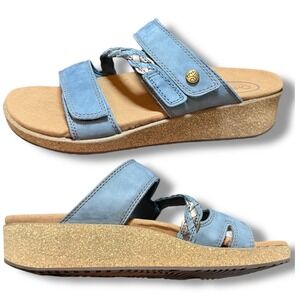 NIB OrthoFeet Carrie Blue Leather Wide Orthotic Comfort Wedge Sandals Sz 8.5